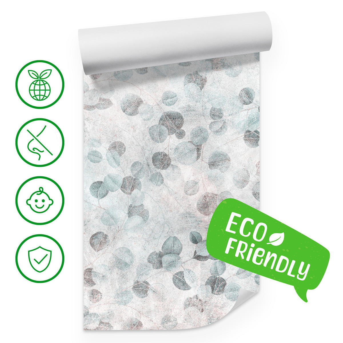 FOTOTAPETE Eukalyptusblätter Beton Vintage Stil 450x315 - Grau/Grün, Papier (450/315cm) - Muralo