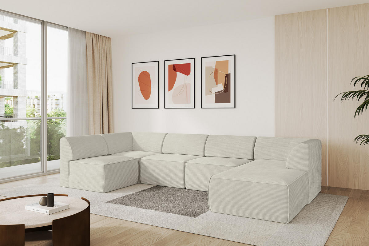 WOHNLANDSCHAFT Ottomane Rechts MOVO-L 345x180x78 cm Cream Cord - Creme, Holzwerkstoff/Kunststoff (180/78/345cm) - ALTDECOR