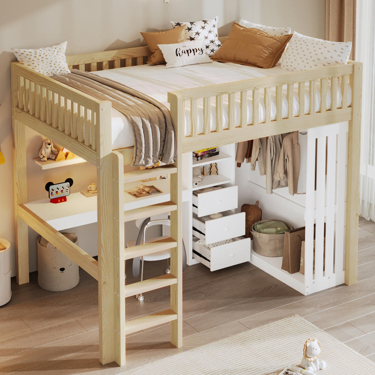 HOCHBETT 140/200 cm Natur mit Schreibtisch, Kleiderschrank und 3 Schubladen - Naturfarben, Holz (140/200cm) - Flora Grace