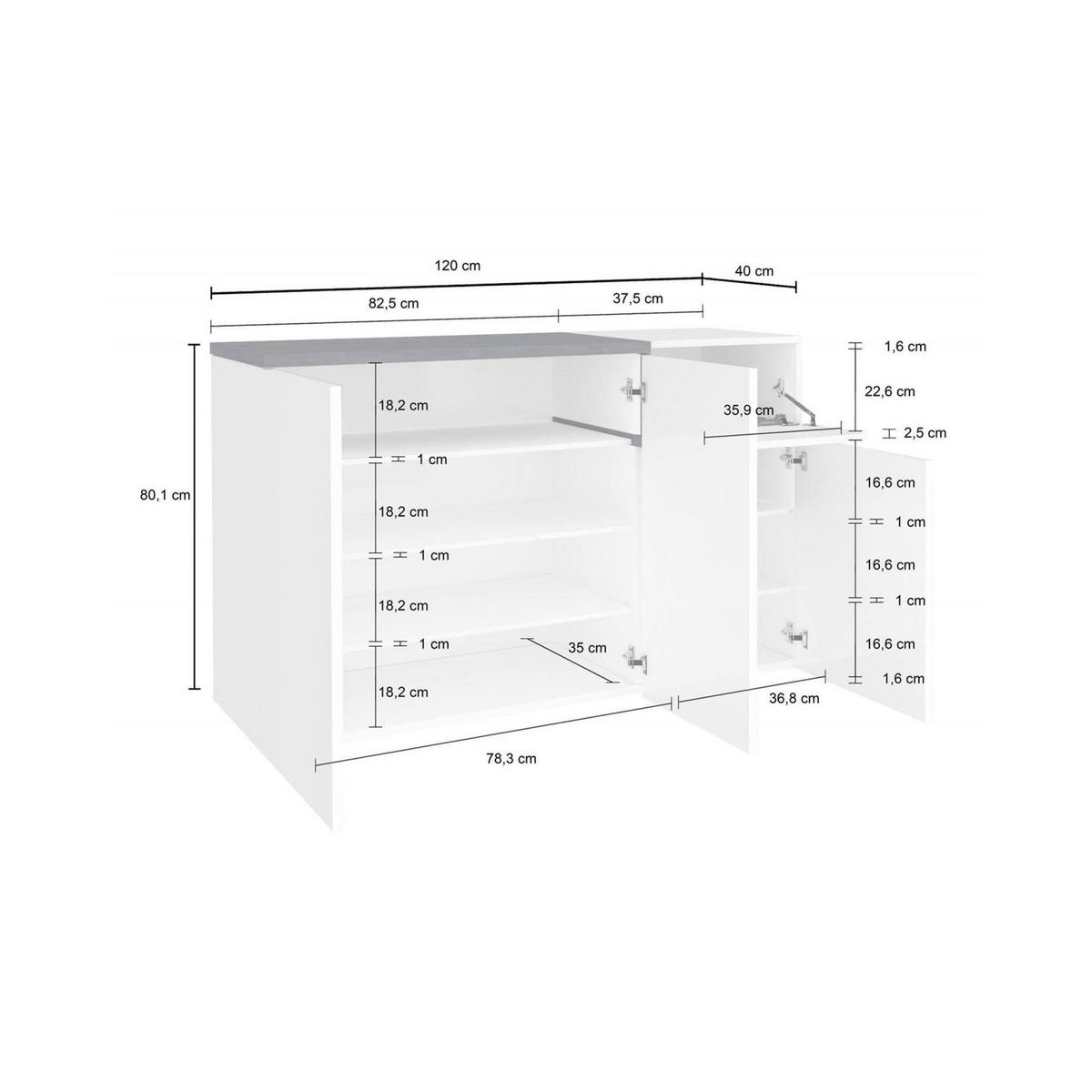 SCHUHSCHRANK Glänzendes Weiß, Schiefer 40/120/80 cm - Schieferfarben/Weiß, Holzwerkstoff (120/80/40cm) - DMORA