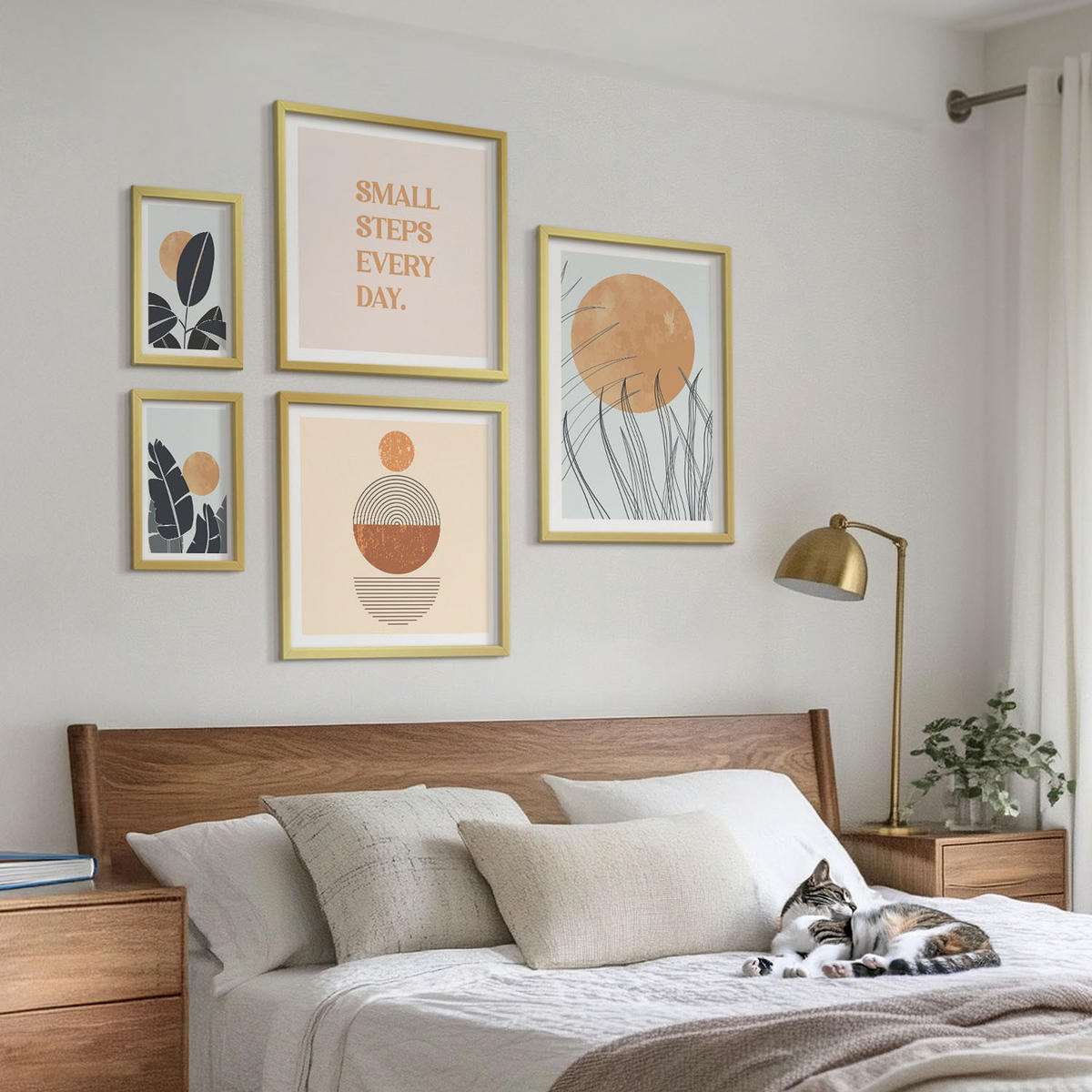 WANDBILDER 5er Set - 50x50 cm & 20x30 cm & 40x60 cm Goldrahmen - Waldnebel, Fluss, Gewächshauspflanzen - Goldfarben, Kunststoff (40/60cm) - ArtPrintCave