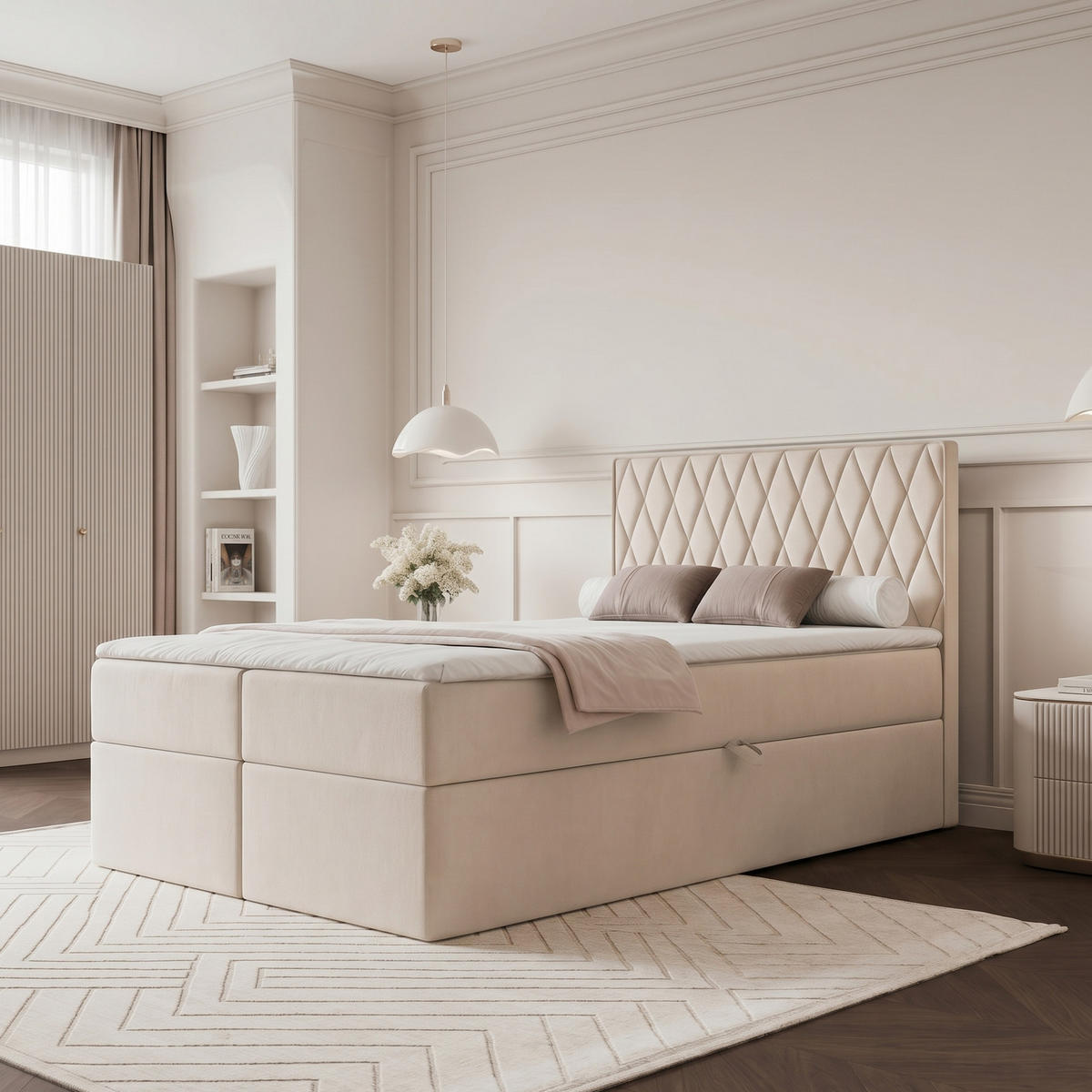 BOXBETT PONTI 120x200 cm Cremeweiß (Samt) - mit 2 Bettkästen, Bonellmatratze und vertikaler Rautensteppung - Creme, Holzwerkstoff/Textil (120/200cm) - Ravio