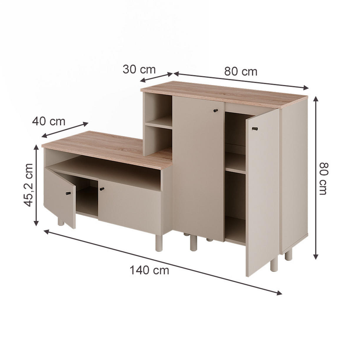 FLURSCHRANK Elano, Greige/Eiche, 140 x 80 cm - Greige/Eichefarben, Holzwerkstoff (140/80/40cm) - Vicco