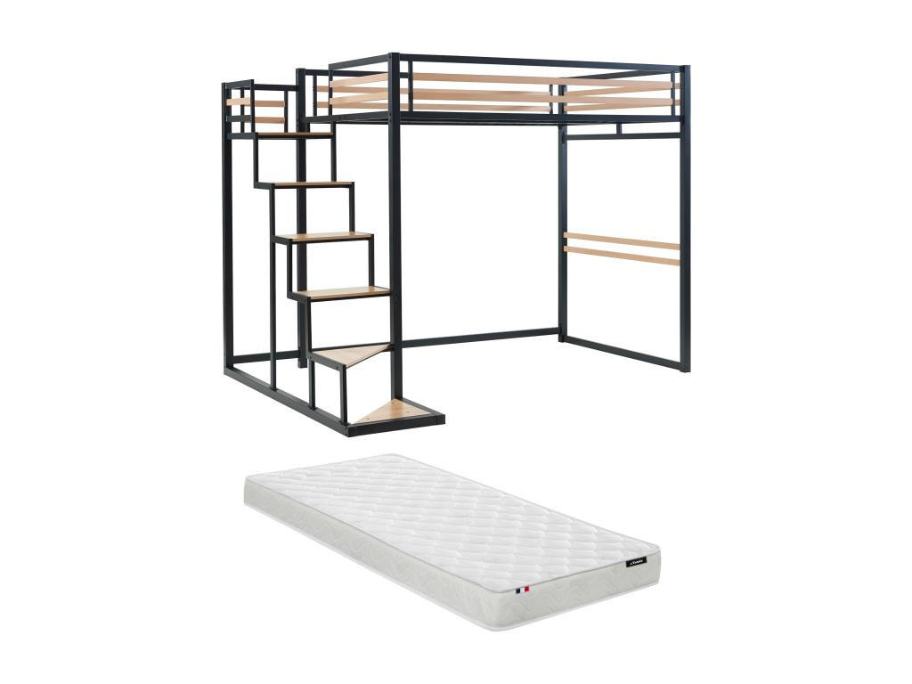 HOCHBETT mit Matratze - 140 x 200 cm - Metall & MDF - Naturfarben & Schwarz - JOGUI - Schwarz/Naturfarben, Metall - Vente-Unique