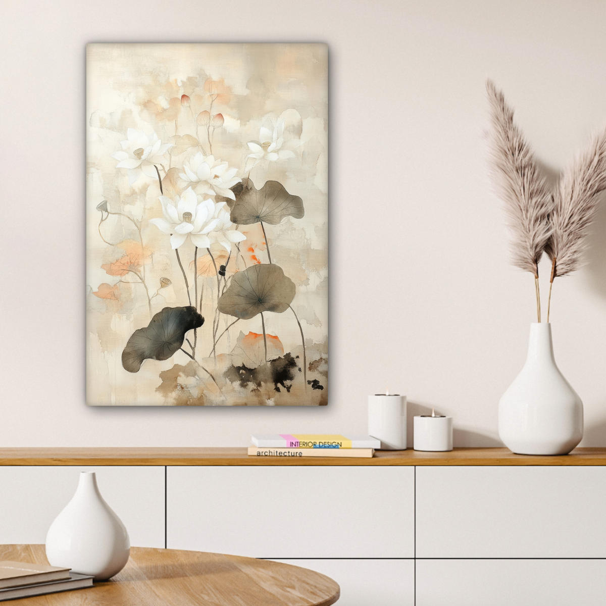 LEINWANDBILD Blumen - Japandi - Wabi sabi Wanddeko Schlafzimmer 60x90 cm - Sandfarben, Textil (60/90cm) - MuchoWow