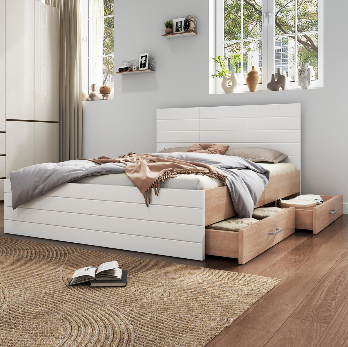HOLZBETT 180/200 cm mit 2 Schubladen, Lattenrost und Stauraum, Weiß/Eiche - Weiß, Holzwerkstoff (180/200cm) - Redom