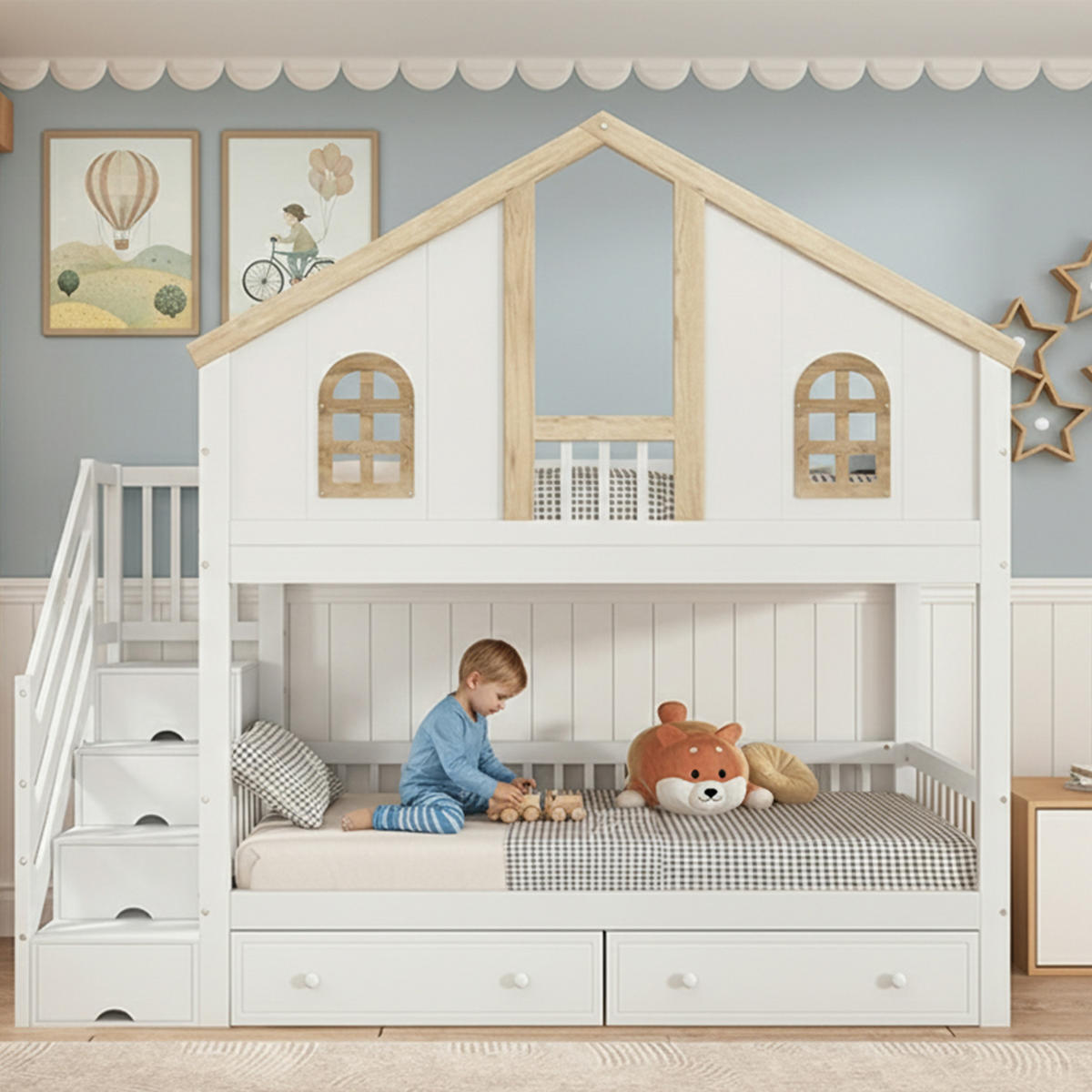 ETAGENBETT 90/200 cm mit Stauraumtreppe, 2 Schubladen, Fenstern und Fallschutz aus Kiefer massiv und MDF, Weiß/Natur - Weiß, Holzwerkstoff (90/200cm) - Redom