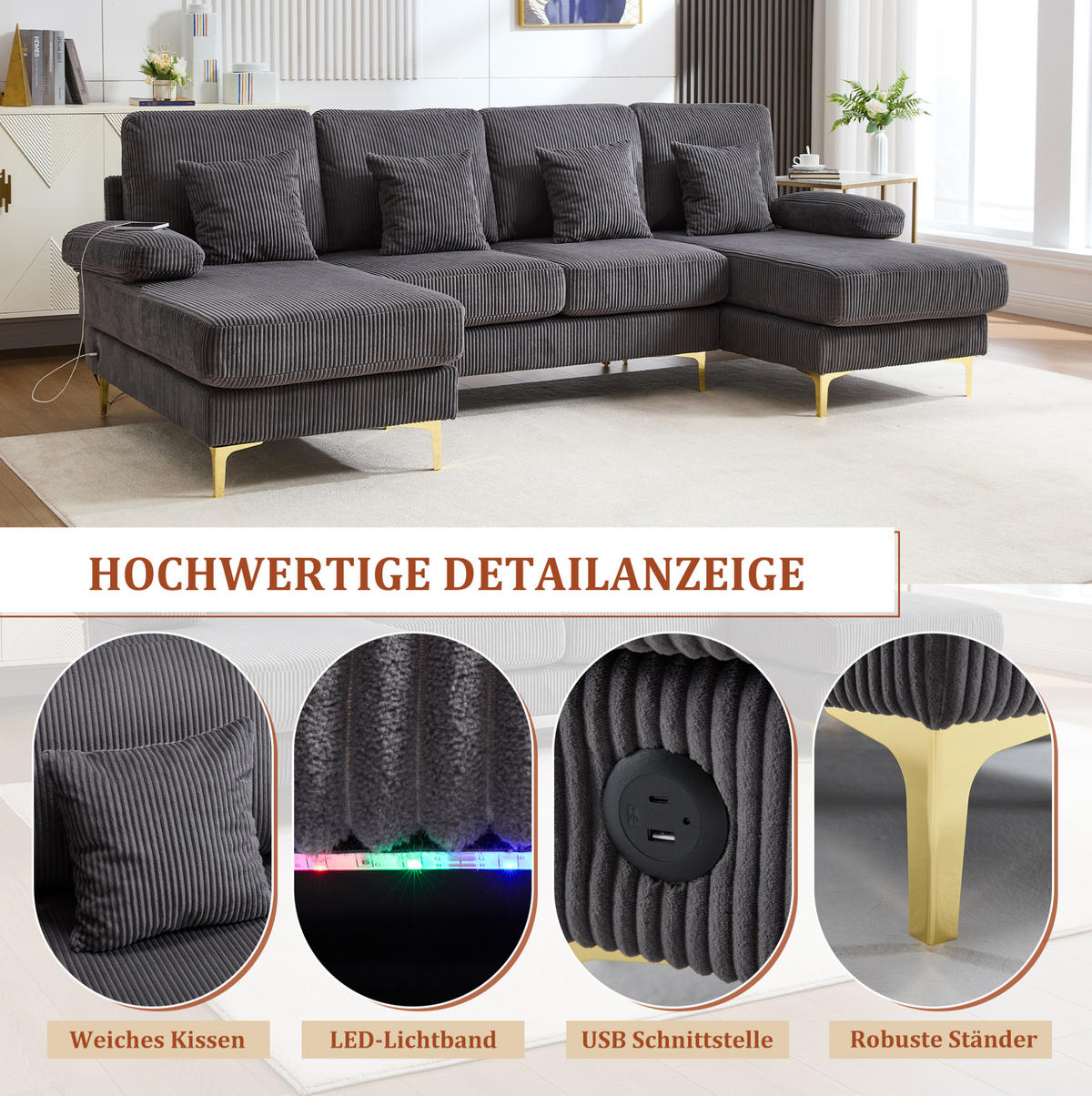 WOHNLANDSCHAFT 265/135/88 cm in Grau mit LED-Beleuchtung und USB-Anschluss - Grau, Textil (135/88/265cm) - Flora Grace