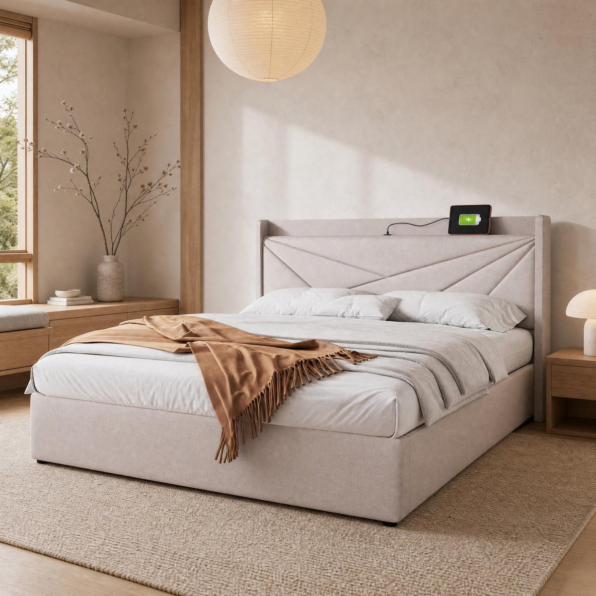 POLSTERBETT 180/200 mit Bettkasten und USB in Beige - Grau, Holzwerkstoff/Textil (180/200cm) - EVRYAE