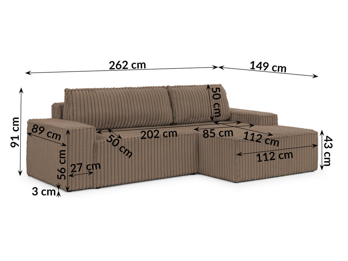 ECKSOFA Rivio mit Schlaffunktion und Bettkasten, Plüschcord Braun - Schwarz/Braun, Holz/Kunststoff (262/149cm) - S-Style