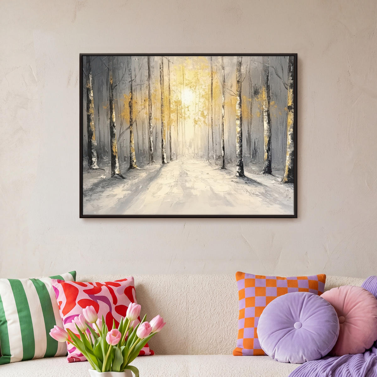 LEINWAND Bilder mit Rahmen - Winter - Abstrakt - Schnee - Natur - Sonne - 70x50 - Grau, Textil (70/50cm) - MuchoWow