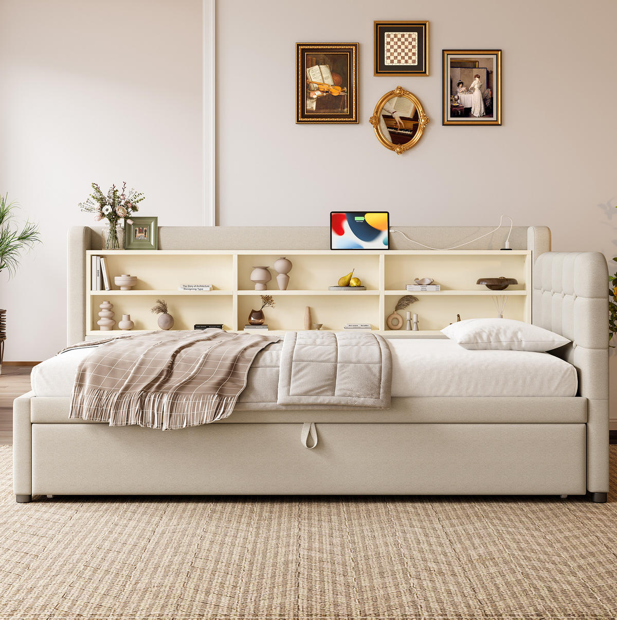 DENNÍ postel 90/200 cm béžová z lnu a MDF s výsuvným lůžkem, USB a úložnými policemi - béžová, textil (90/200cm) - OKWISH