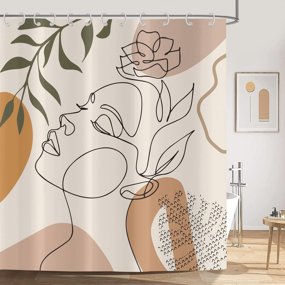 DUSCHVORHANG Boho abstrakt Kunst Blumen Blätter Grün waschbar mit Haken - Pink, Textil (180/180cm) - MCBOSON