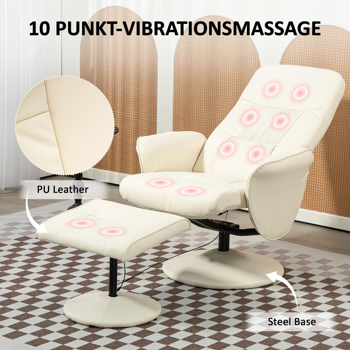 RELAXSESSEL mit Fußhocker, Elektrischer Massagesessel mit Liegefunktion - Creme/Schwarz, Kunststoff/Metall (81/105/76cm) - HOMCOM