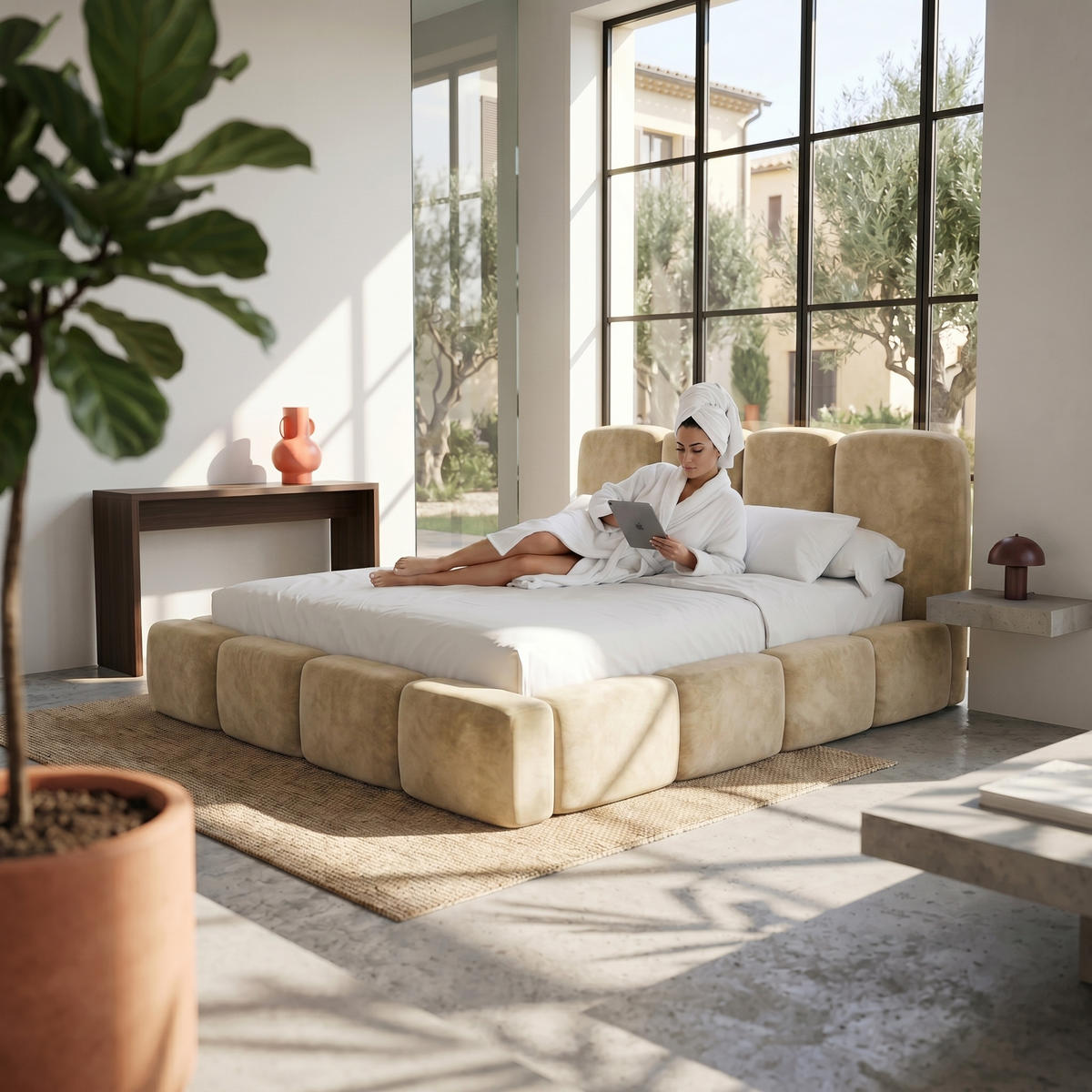 POLSTERBETT SUENO MAXI 160x200 cm in Beige, gepolstertes Kopfteil, Metalllattenrost, Bettkasten, Velour-Stoff - Beige/Naturfarben, Holz/Textil (160/200cm) - Muffo