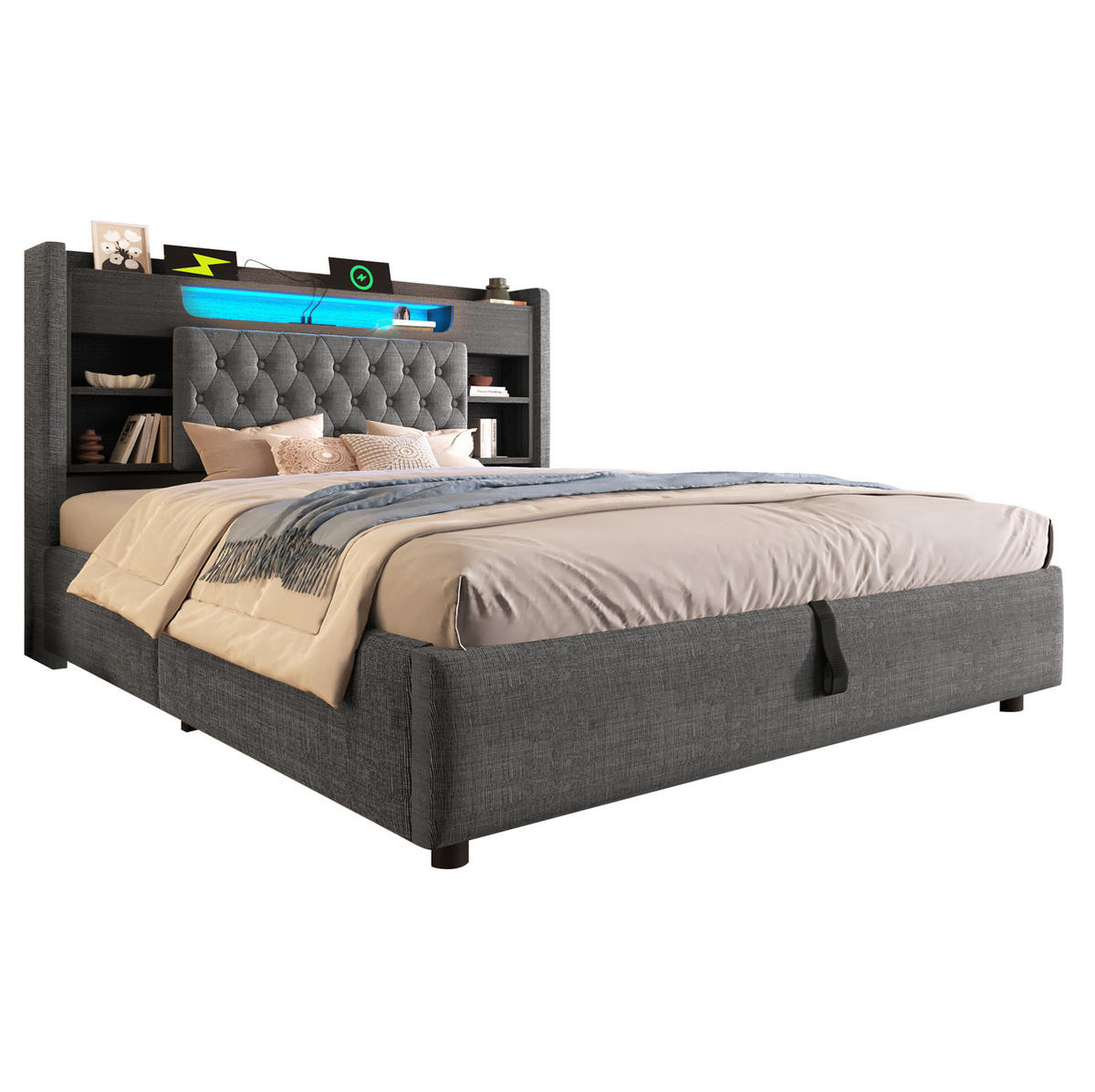 POLSTERBETT 180x200 cm in Grau mit Bettkasten, LED, USB- und USB-C-Anschlüssen - Grau, Textil (180/200cm) - IVMEU
