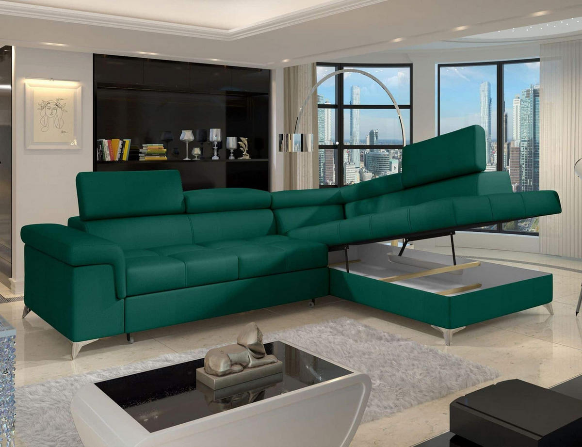 ECKSOFA mit Schlaffunktion und Bettkasten, pflegeleichter Monolith-Stoff - Chromfarben/Dunkelgrün, Textil/Metall (202/275cm) - Eltap
