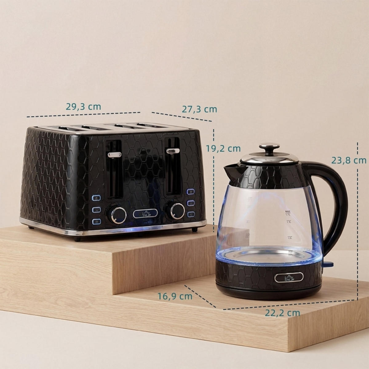 WASSERKOCHER-TOASTER SET 4-Scheiben-Toaster 1,7L Schnellkoch-Wasserkocher Schwarz 22,2/16,9/23,8 cm - Schwarz, Kunststoff (16.9/23.8/22.2cm) - Rolipo