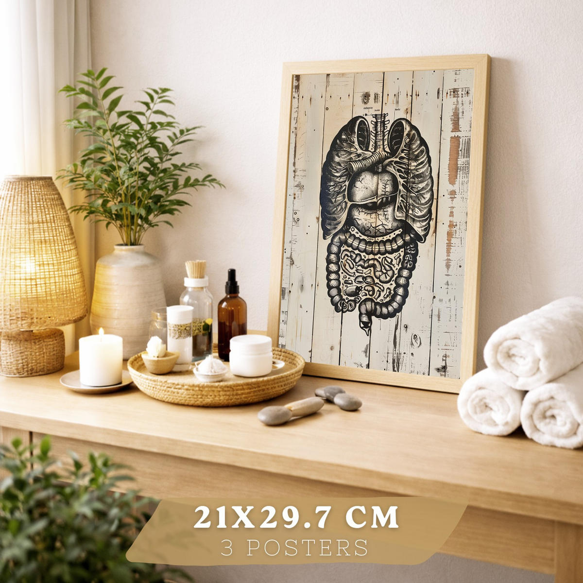 POSTER Set aus 3 Anatomie Mensch Drucke und Wandbilder mit Lungen Darm und Herz Rustikaler Stil Medizinische Wanddekoration Größe Rahmenlos A4 - Klar, Papier (21/29.7/3cm) - Nacnic