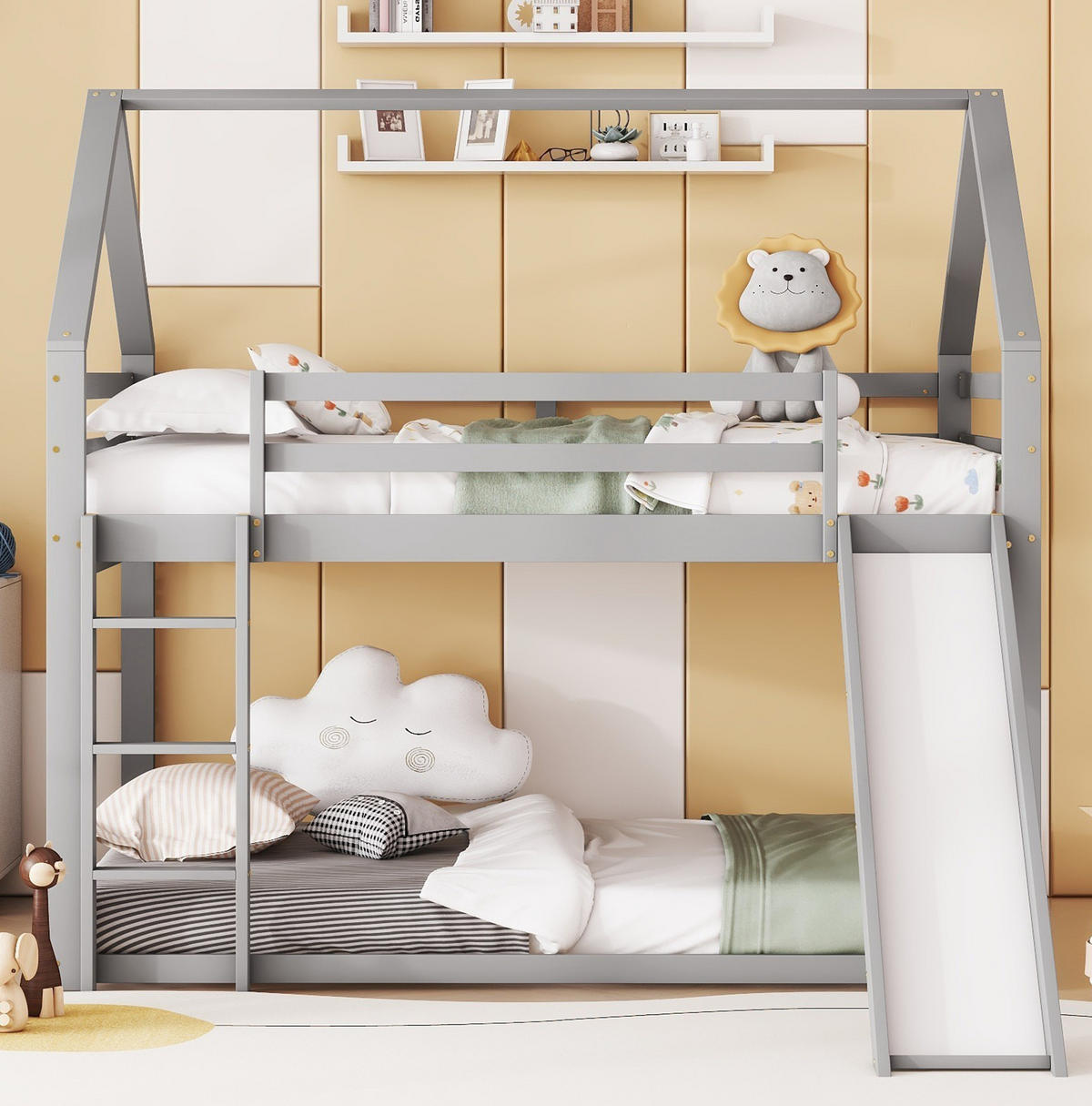 ETAGENBETT mit Rutsche und Leiter 140x200 cm Kiefernholz Grau - Grau, Holzwerkstoff (140/200cm) - Beauniv