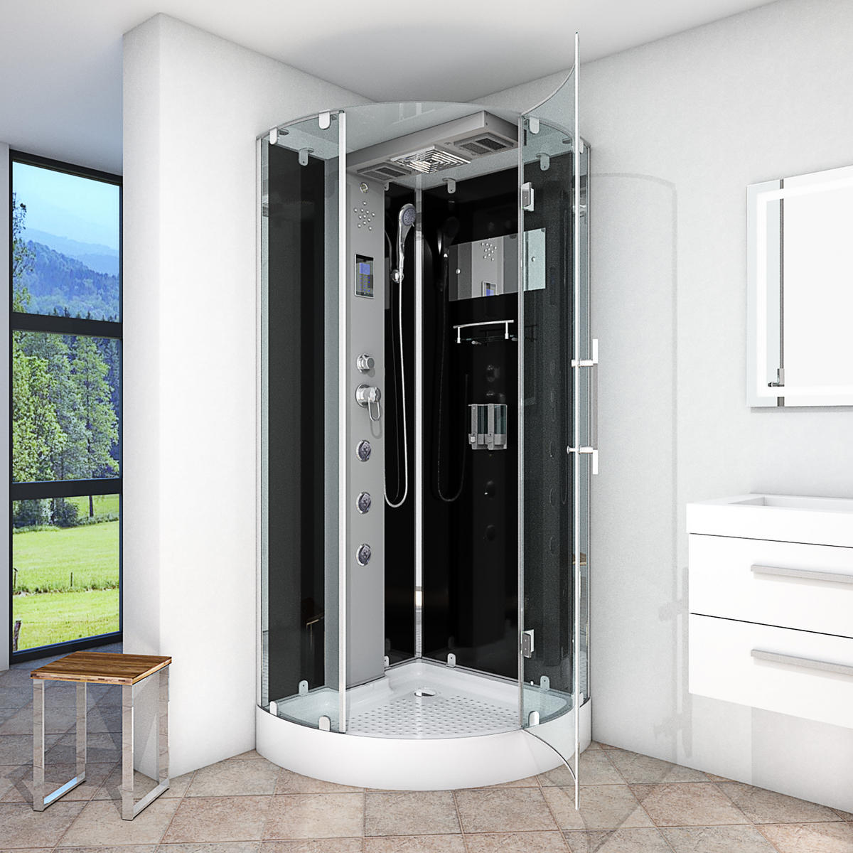 DUSCHKABINE Dusche D37-23R0 Weiß 100x100 - Schwarz, Glas/Kunststoff (100/100/218cm) - AcquaVapore by Sandra Jentho
