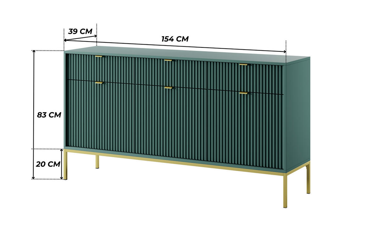 GRÜNE Moderne Geriffelte Kommode KIOTO K3D3SZ (Gold Gestell, Soft-Close Türen) - Goldfarben/Grün, Holz/Holzwerkstoff (154/91/39cm) - Ravio