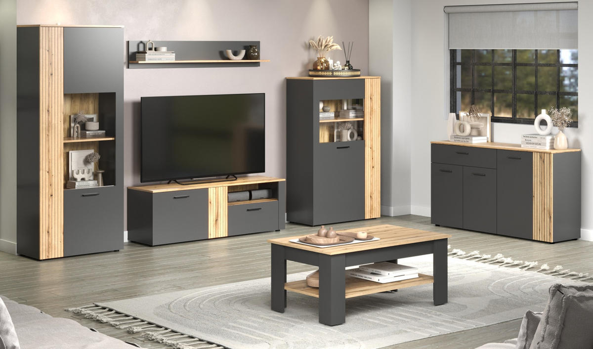 SIDEBOARD grau, Evoke Eiche 139 cm, Kommode mit viel Stauraum - Eichefarben/Anthrazit, Holzwerkstoff/Kunststoff (139/86/38cm) - Top.Furn