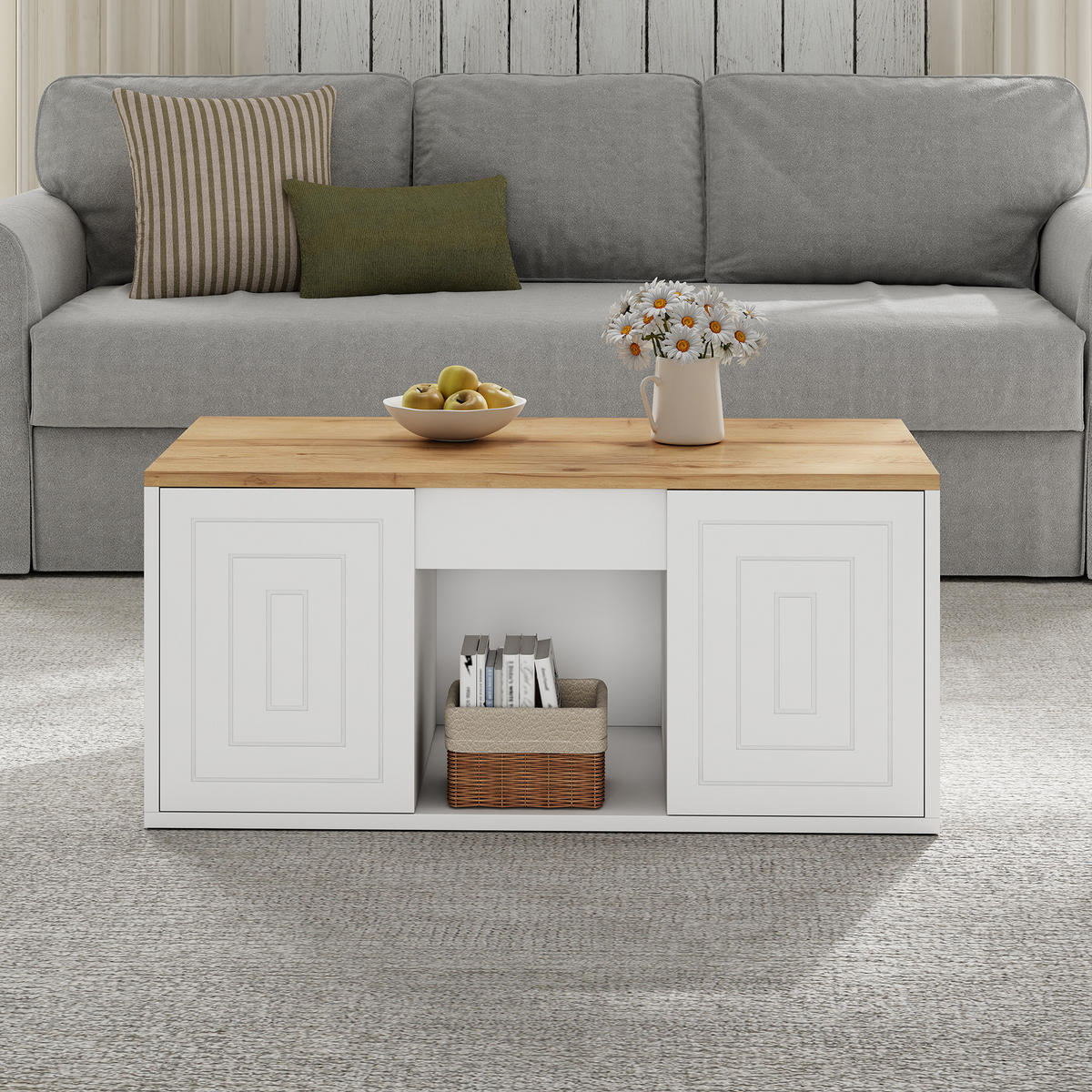 COUCHTISCH 46x95x45cm Naturholz höhenverstellbar - Weiß/Naturfarben, Holzwerkstoff (95/46/45cm) - FLIEKS