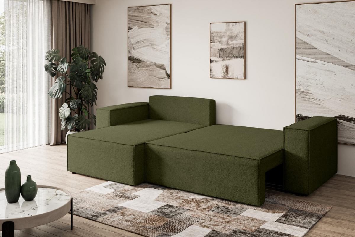 ECKSOFA mit Schlaffunktion und Bettkasten CELTIC-XL - 277x143x83 cm Grün Bouclé - Schwarz/Grün, Holzwerkstoff/Kunststoff (277/143cm) - ALTDECOR