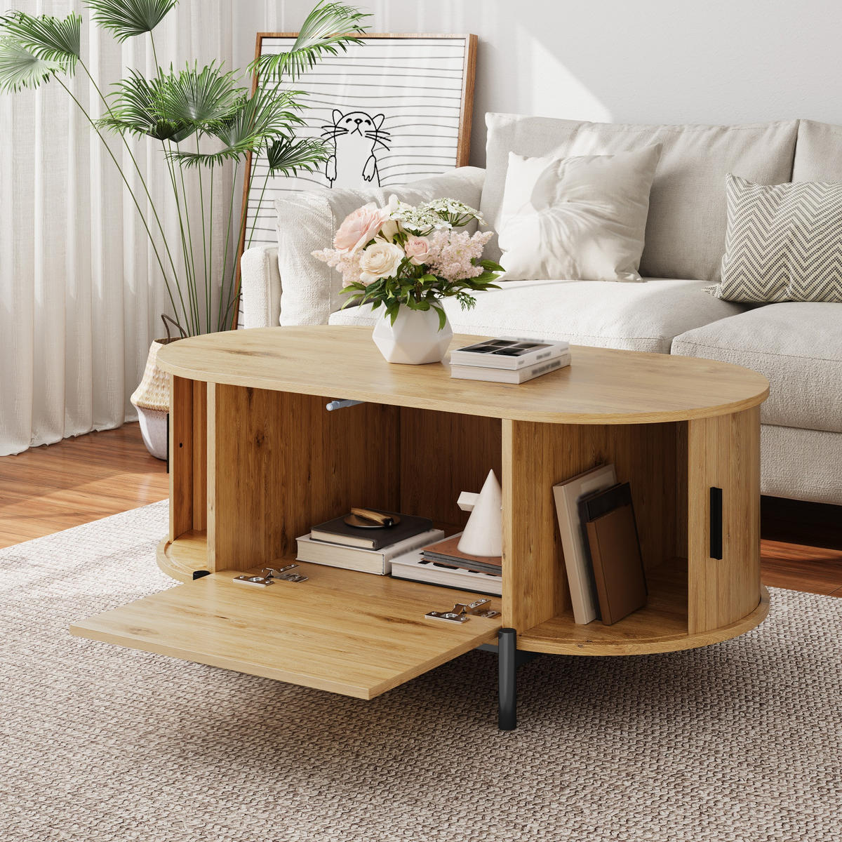 COUCHTISCH Oval Rattan Schiebetüren Metallbeine modern - Naturfarben, Holzwerkstoff (100/50/40cm) - FLIEKS