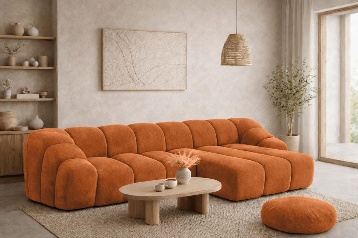ECKSOFA Modulare L-Form, Veloursstoff Bluvel, Zimtfarbe, Rechts, CROISSANT L - Orange, Holz (305/190cm) - Kaiser Möbel