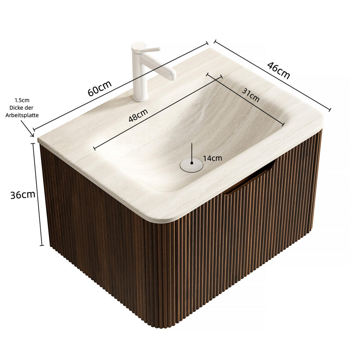 WASCHTISCHKOMBI mit gesintertem Steinbecken 60x46x37.5cm Beige & Nussbaum, LED-Soft-Close - Walnussfarben, Stein (46/37.5/60cm) - Modfu