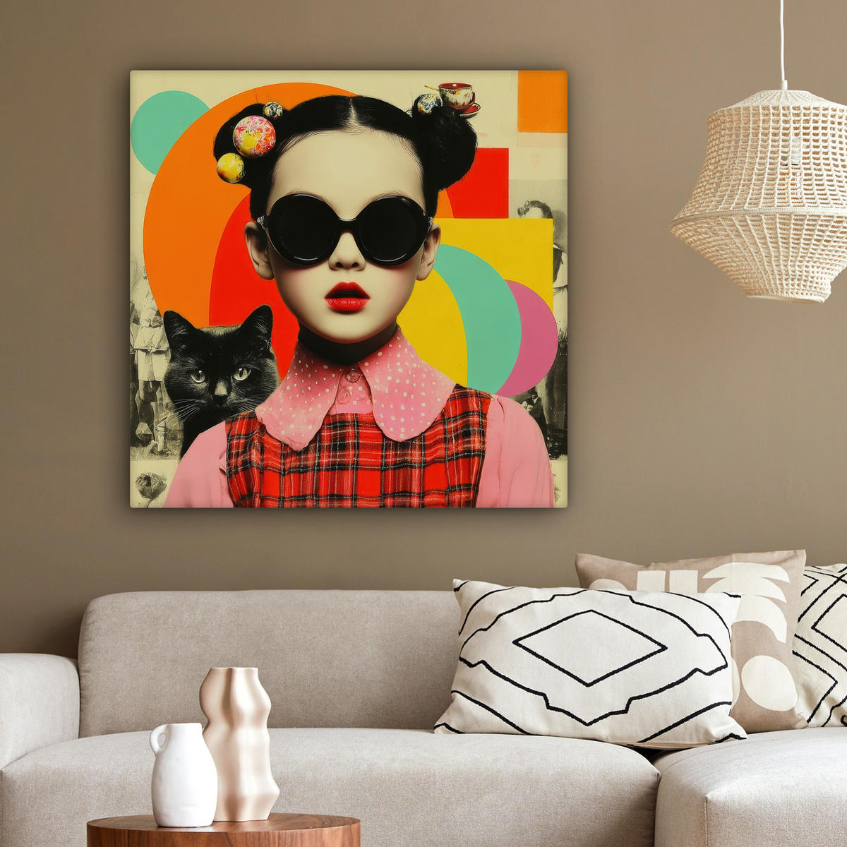 LEINWANDBILD Mädchen - Sonnenbrille - Katze - Retro Deko Groß 90x90 cm - Beige, Textil (90/90cm) - MuchoWow