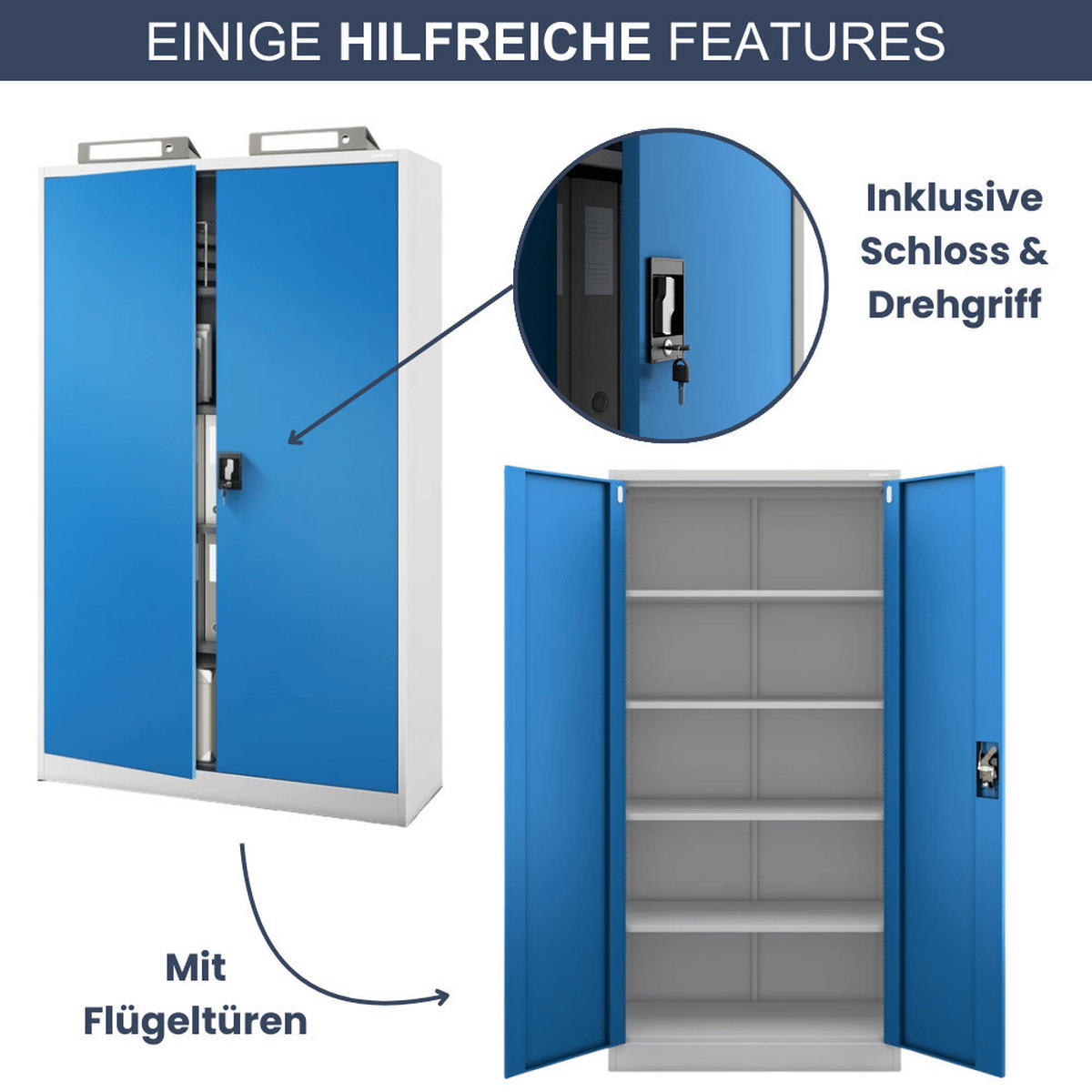 AKTENSCHRANK abschließbar KADO mit Flügeltüren 185x115x40cm Grau-Blau - Grau, Metall (115/185/40cm) - DELUKE