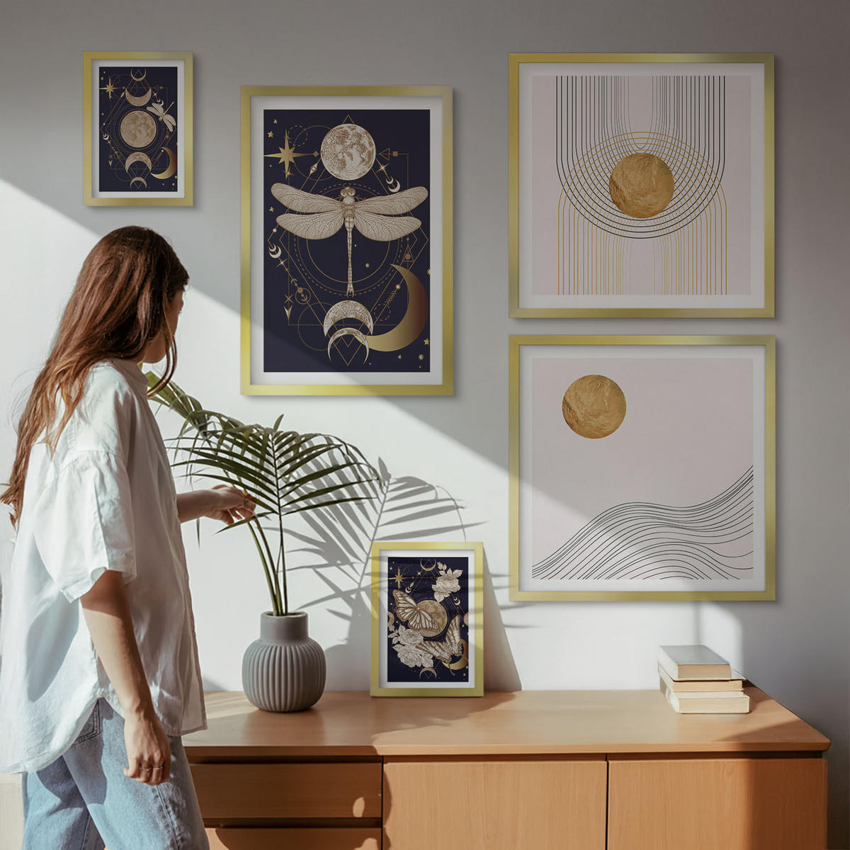WANDBILDER 5er Set - 50x50 cm & 20x30 cm & 40x60 cm Goldrahmen - Naturmotive mit dem Mond - Goldfarben, Kunststoff (40/60cm) - ArtPrintCave