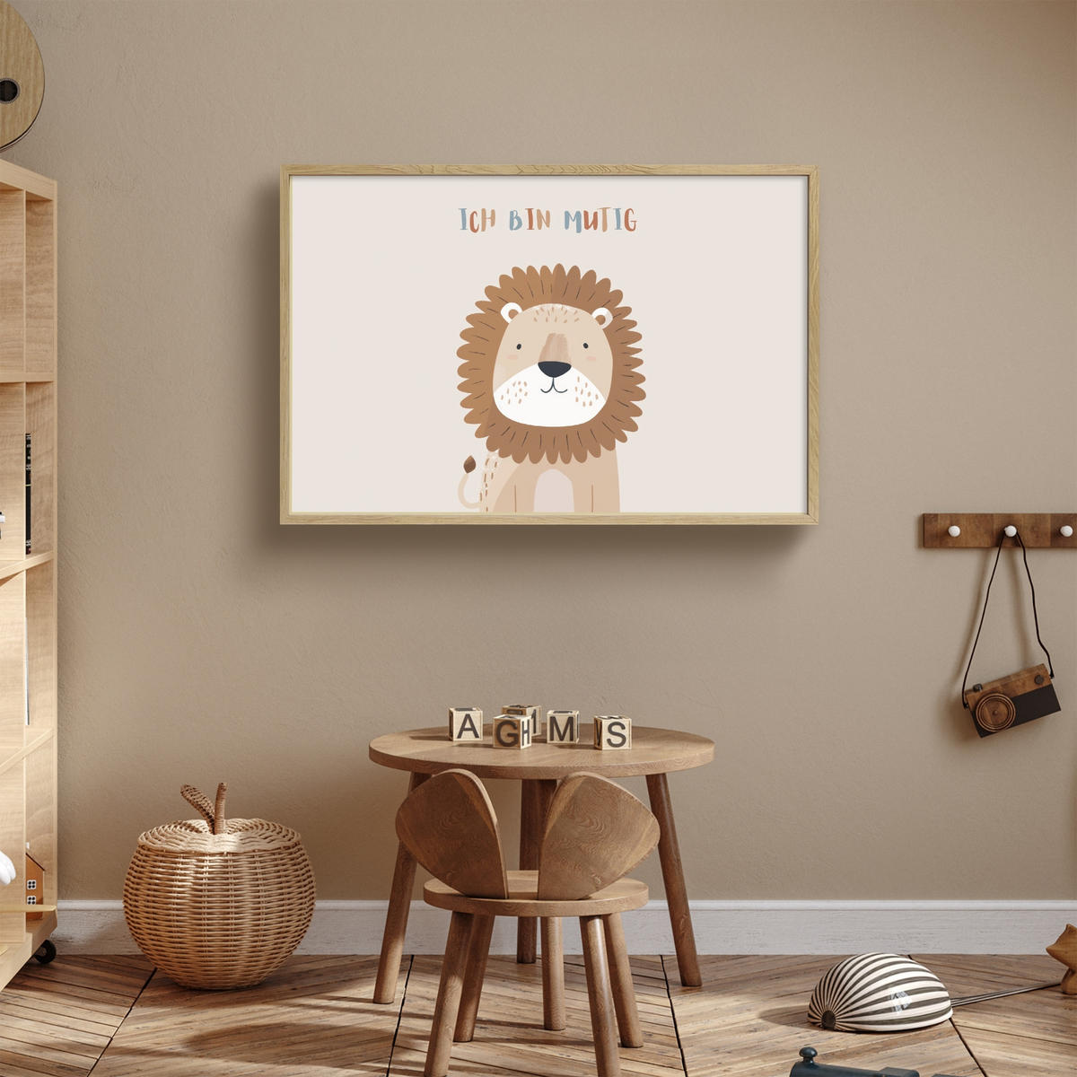 NACHTTISCHLAMPE MIT AKKU Löwe - Beige - Tier - Mutig - Zitat 90x60 cm - Beige, Holzwerkstoff (8/90/60cm) - OnlyWow