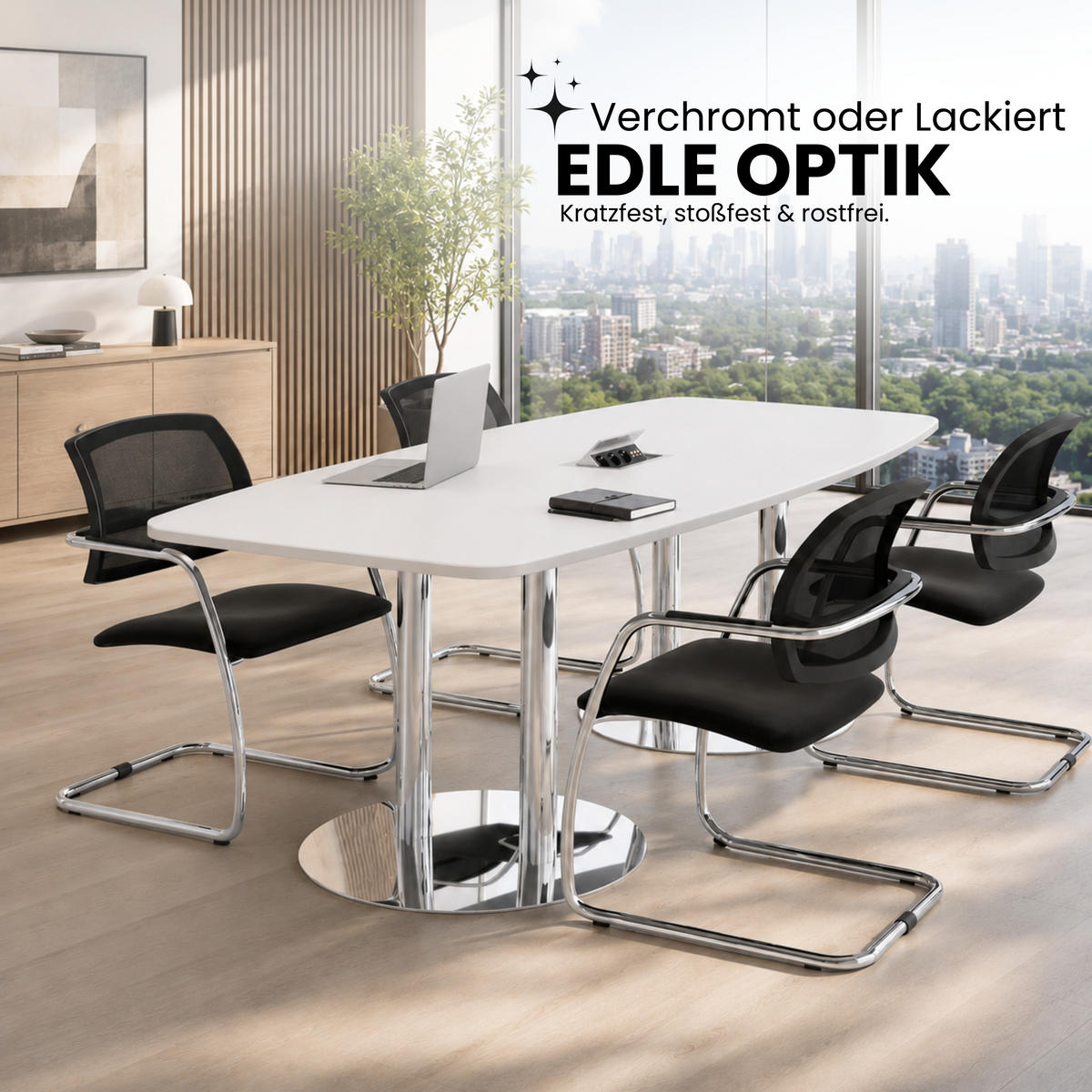 KONFERENZTISCH mittel KT28 130/280/74 cm in Weiß/Chromsäulen - Chromfarben/Weiß, Holzwerkstoff (130/280/74cm) - bümö