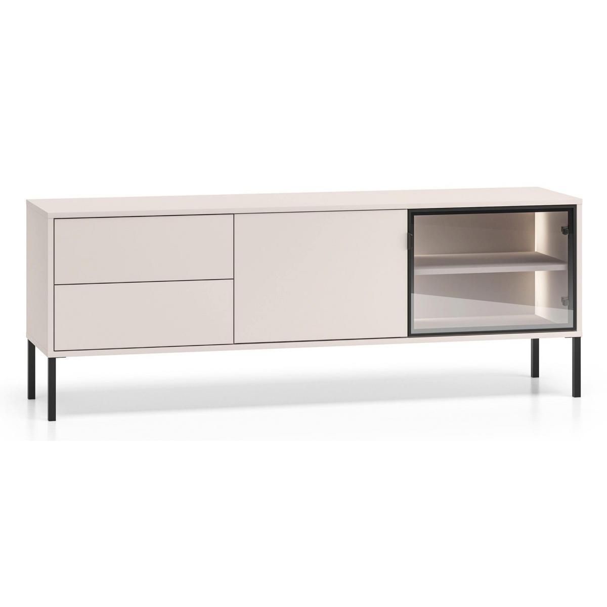 TV-LOWBOARD Barnee mit beleuchteter Glasvitrine, Kaschmirgrau, 160 cm - Taupe/Schwarz, Holzwerkstoff/Metall (160/58.9/40cm) - Selsey