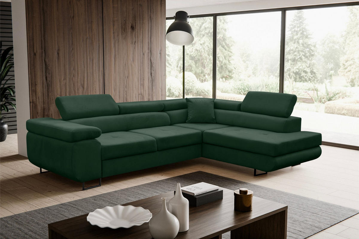 ECKSOFA Jerry in L-Form mit Schlaffunktion und Bettkasten, Farbe: Grün, Veloursstoff, Ottomane Rechts - Grün, Textil (275/202cm) - VENASI MÖBEL
