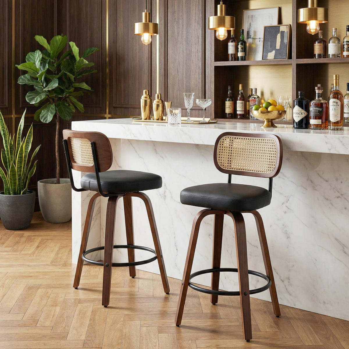 BARHOCKER SET 2 STK. 90 cm Walnuss & Schwarz Drehbare Rattan Barstühle mit Polstersitz - Schwarz, Leder (56/90/43cm) - Urban Meuble