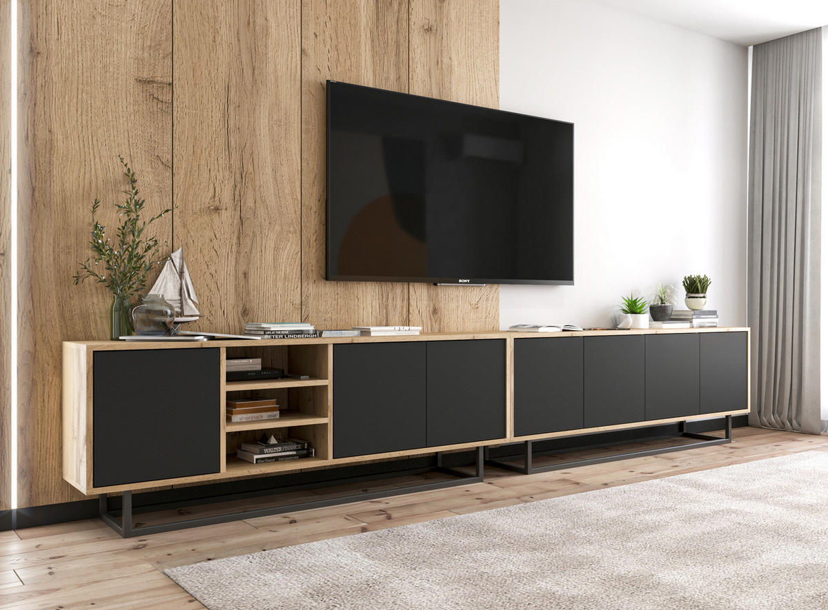 TV-LOWBOARD Apollo Eiche wotan Schwarz Matt 150/53/35 cm - Schwarz, Holzwerkstoff/Metall (150/53/35cm) - Meble Lindner