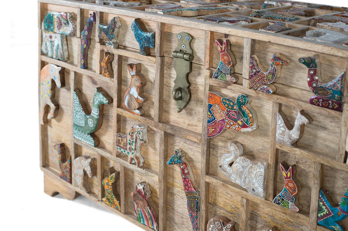 KOMMODE aus Mangoholz mit originalen mehrfarbigen Details - Chromfarben, Holz (80/47/40cm) - Giner y Colomer