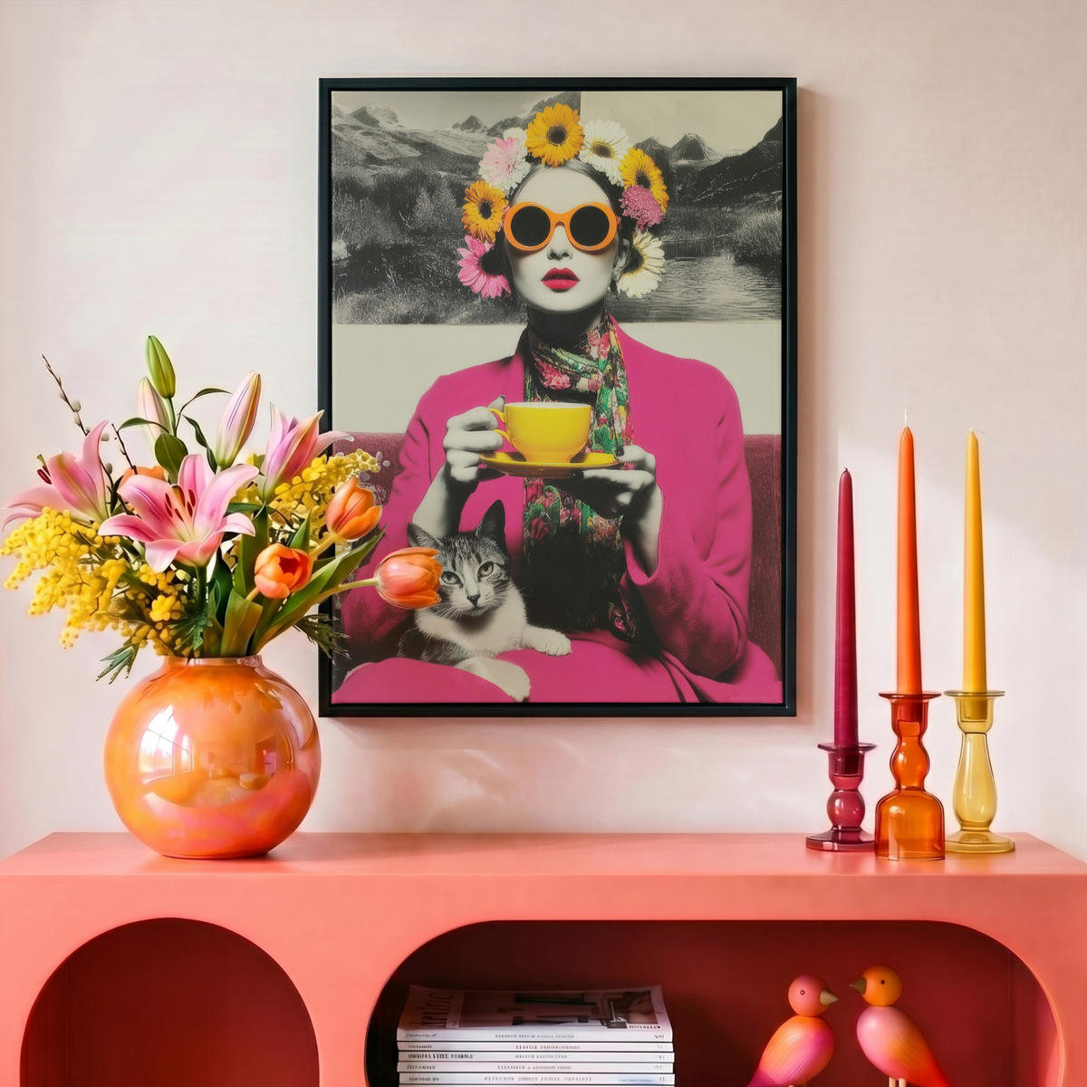 LEINWAND Bilder mit Rahmen - Frau - Katze - Blumen - Tasse - Retro - 30x40 - Magenta, Textil (30/40cm) - MuchoWow