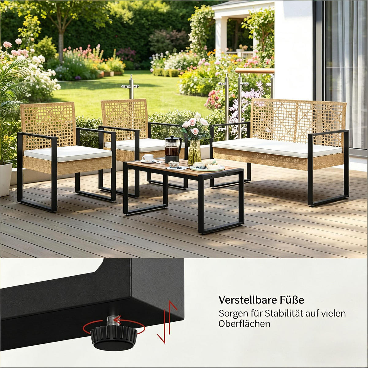 GARTENMÖBEL-SET Naturholz 4-teilig inkl. Couchtisch & abnehmbaren Polstern - Naturfarben, Naturmaterialien - PANGIVO