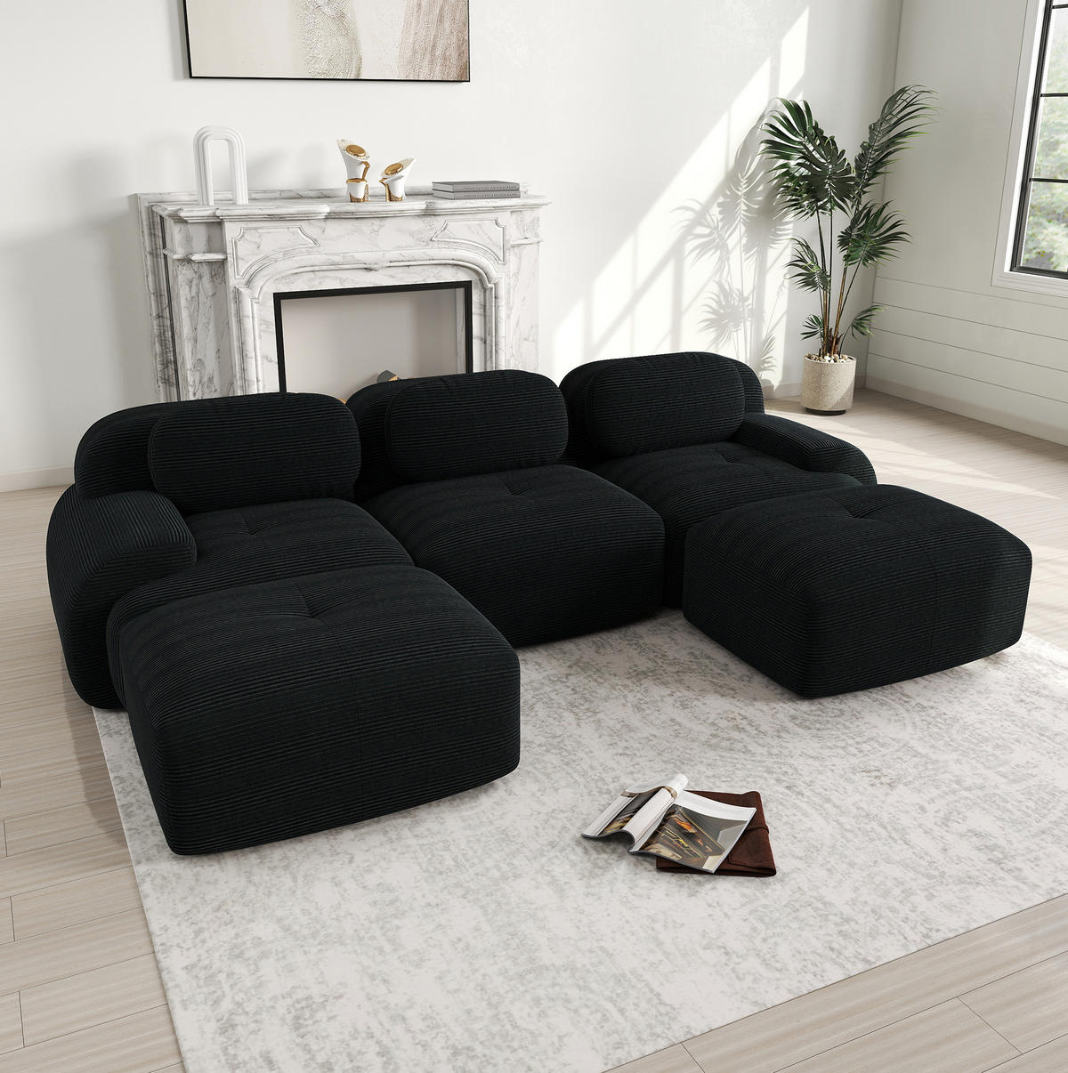 ECKSOFA modular rahmenlos Cord Black - Schwarz, Kunststoff (178/75/298.1cm) - Meubliv