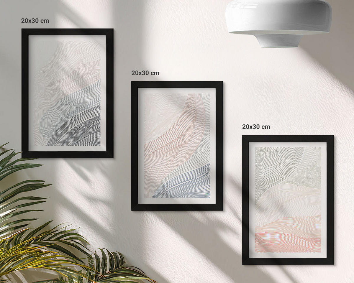 WANDBILDER 3er-Set - 20x30 cm Schwarzer Rahmen - Abstrakte Wellen, Karton, Pastell - Schwarz, Kunststoff (20/30cm) - ArtPrintCave