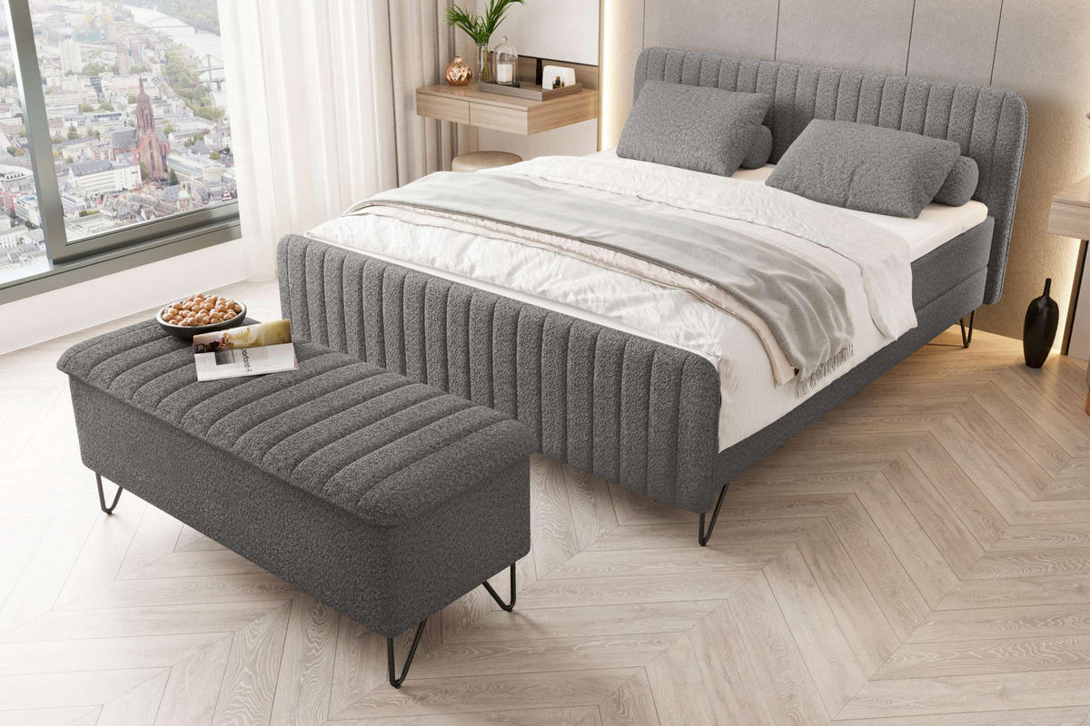 BOXSPRINGBETT LUCIO mit Hocker Bouclé-Stoff Grau 160/200 cm - Schwarz/Grau, Textil/Metall (160/200cm) - 99rooms