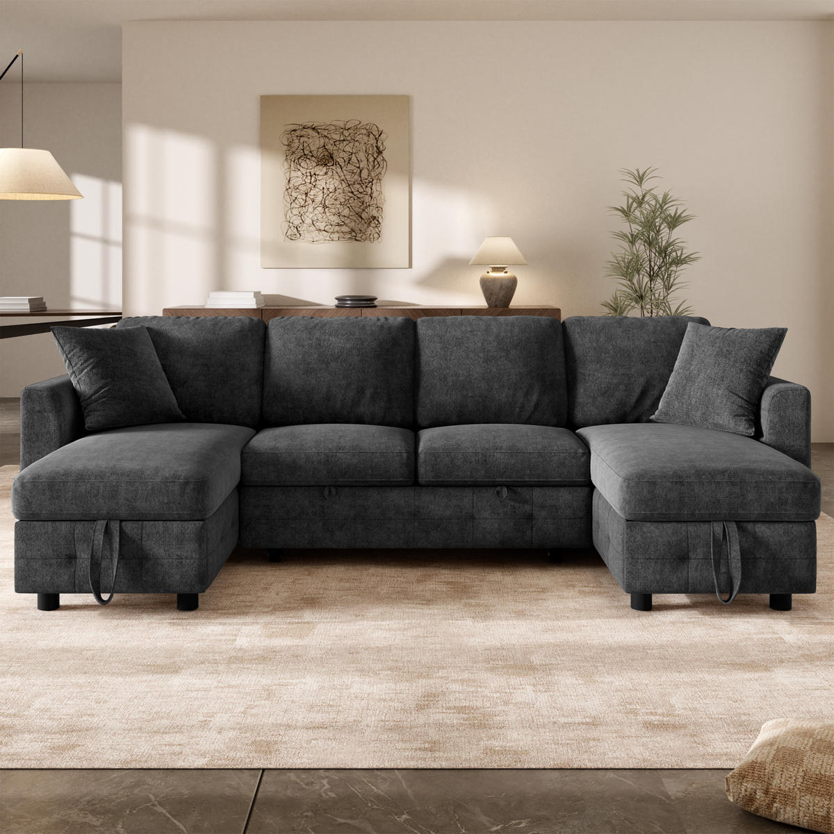 SOFA U Form Chenille Schlafsofa USB Type C Stauraum Grau - Dunkelgrau, Textil (260/82/128cm) - FLIEKS