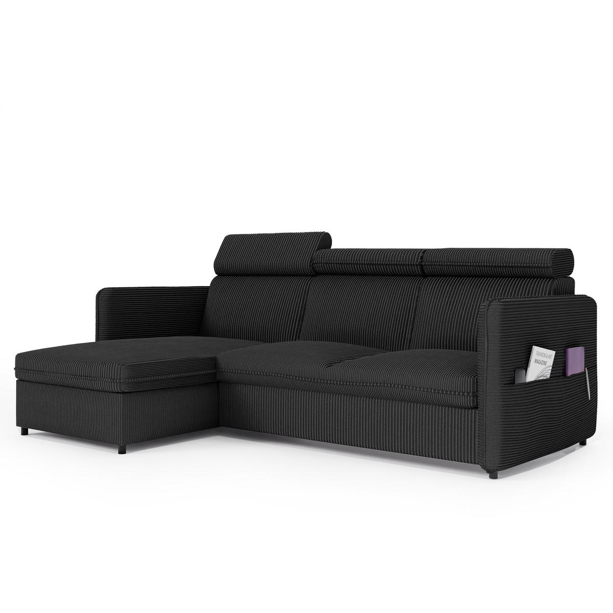 ECKSOFA mit Schlaffunktion und Bettkasten, Schwarz - Schwarz, Holzwerkstoff/Textil (220/140cm) - Idohome
