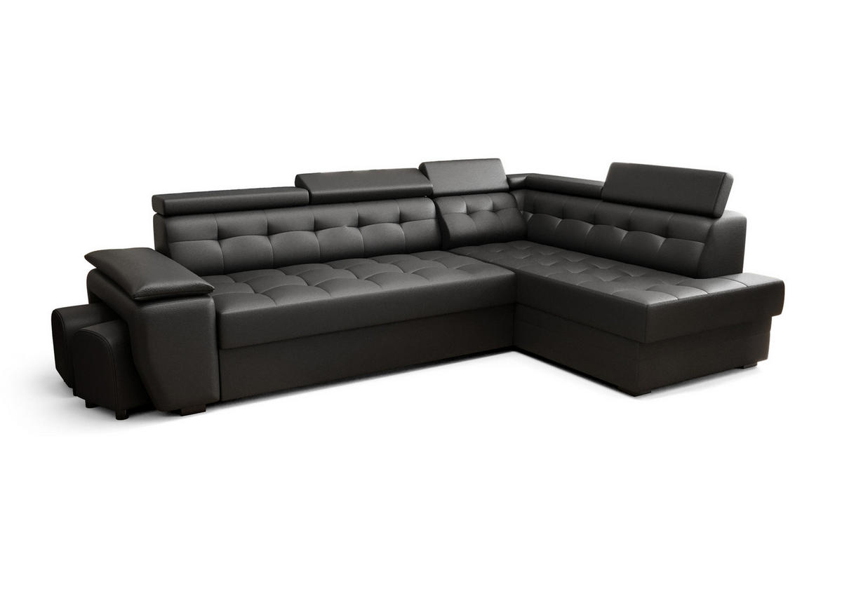ECKSOFA KONGO RBN15, Eckcouch in L-Form mit Schlaffunktion, Farbe: Schwarz, Kunstleder, Ottomane Rechts - Schwarz, Textil (277/180cm) - O-Sofa